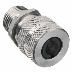 Straight metallic cable grip with aluminum body and silver finish. Provides liquid-tight seal and strain relief for cords 0.25 to 0.31 inches in diameter. 1/2 inch MNPT box connection. Rated IP66 and Class III, Division 1 & 2 for hazardous locations. Overall length 1 7/16 inches.