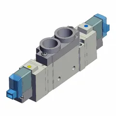 Double solenoid, five-way/two-position, bi-stable directional control valve with 5 ports. Operates on 24V DC with 1/4 in NPT connections. Features plug-in design, internal pilot, and non-locking actuation. Used for controlling pneumatic actuators in industrial automation systems.
