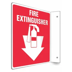 This L-shape projection fire extinguisher sign is designed for wall mounting via pre-drilled holes. The 8 in x 8 in panel is not retroreflective and does not feature glow-in-the-dark or anti-slip properties. It is used to indicate fire extinguisher locations in commercial and industrial settings.