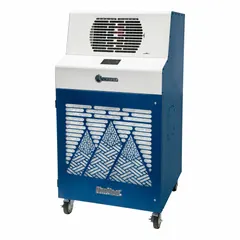 This heavy-duty portable air conditioner provides 60,000 BtuH of cooling for indoor use. It operates on 460V AC and includes an air filter. Suitable for spot cooling in large spaces such as warehouses, factories, and workspaces.