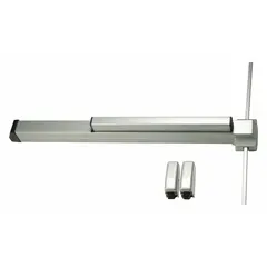 Aluminum surface vertical rod exit device with touchbar for doors up to 3 ft wide. Provides egress actuation in commercial and industrial facilities, ensuring code-compliant emergency exit operation.