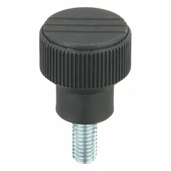 Knurled knob with threaded stud for manual clamping, positioning, and adjustment on machinery and fixtures. Features a gray plastic body with a steel M10 threaded stud, 40 mm thread length, and 34 mm diameter. Knurled surface provides secure grip for frequent hand-tightening in industrial assembly, jigs, and workholding applications.