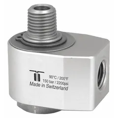 This MOSMATIC rotary union is a nickel-plated C38500 brass elbow with a single passage and a 3/8 in threaded rotating shaft. Rated for a maximum speed of 30 RPM, it is suitable for transferring fluid or air from a stationary supply line into rotating machinery in low-speed industrial applications.