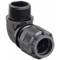This 90° nylon cable grip features a 3/4 in MNPT box connection and accepts cord diameters from 0.13 in to 0.38 in. Rated IP65, it provides liquid-tight sealing for cable entry into electrical enclosures, junction boxes, or control panels in dry, damp, or wet locations. The black nylon body resists corrosion and is suitable for non-hazardous industrial environments
