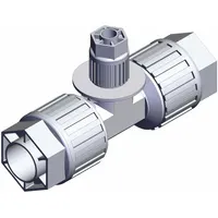 PFA compression tube fitting from the SMC LQ3 Series. Features three compression ends for connecting tubes of 1 in OD, 3/8 in OD, and 1 in OD. Suitable for high-purity fluid handling systems requiring leak-free connections. Complies with RoHS6 and RoHS10 standards