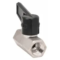 Nickel-plated brass mini ball valve with straight one-piece body and 3/8 inch FNPT x FNPT connections. Lever handle provides manual on/off flow control. Suitable for water, oil, and gas applications in industrial piping systems