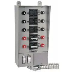 Prewired manual transfer switch rated for 125/250V AC and 30 A. Includes built-in meters for voltage and load monitoring. Designed for single-phase applications to safely transfer electrical load between utility power and a backup generator.
