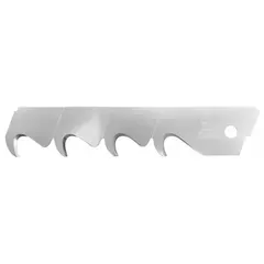 Hook-tip snap-off blades for flush cutting along edges. Each blade is 1 in wide, 0.03 in thick, with 4 snap-off segments. Suitable for cutting carpet, vinyl flooring, and roofing felt.