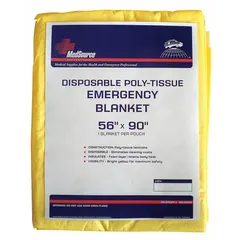 Disposable emergency blanket made of yellow polyester tissue. Measures 56 inches wide by 90 inches long. Used in emergency preparedness and first aid for temporary warmth and high visibility.