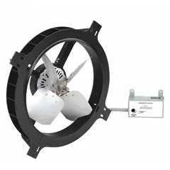 This gable-mount attic exhaust fan is designed to ventilate attics up to 2,300 sq ft. It features a standard-efficiency motor rated at 120V AC and 4 A, delivering a maximum airflow of 1,650 cfm. The built-in thermostat provides automatic temperature control, activating the fan when attic temperature exceeds the set point. Suitable for low-static-pressure applications, this unit does not include a shutter or humidistat.