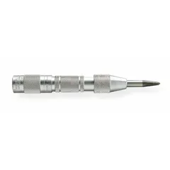 Round automatic center punch with 5/8 in shank diameter and 5/8 in taper length. Overall length of 5 in. Used to create precise dimples on metal or other materials for guiding drill bits, commonly applied in layout and marking before drilling operations.