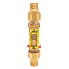 This inline variable area flowmeter measures water flow rates on a scale display in gallons. It features Buna-N seals and O-rings, universal mounting orientation, and an accuracy of +/-5%. Suitable for industrial water systems, cooling circuits, and process lines.