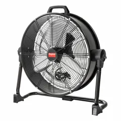 Mobile floor fan with 20-inch blade diameter, powered by 120V AC, 1/12 hp direct-drive motor. Steel construction with cUL certification. Suitable for general air circulation and spot cooling in workshops, warehouses, and industrial spaces.