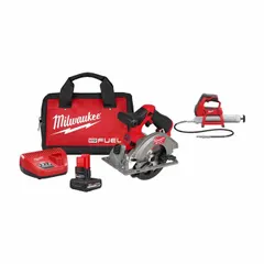 12 V DC cordless combination kit including a circular saw and a grease gun, with battery included. The circular saw is suited for cutting wood and sheet materials; the grease gun services bearings and equipment. For light-duty cutting and lubrication tasks in maintenance, plumbing, and construction.