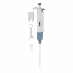Manual adjustable volume single-channel pipettor with a maximum capacity of 5,000 µL and 50 µL volume increments. Suitable for precise liquid handling in laboratory applications such as dispensing and transferring aqueous solutions. Light gray finish.