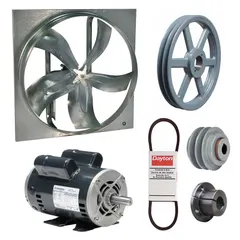 Unassembled belt-drive panel exhaust fan with drive package. 54-inch blade, 2 hp motor delivers 32,589 cfm. Operates on 115/208-230V AC, single-phase. Open dripproof motor with Class B insulation. Zinc-plated steel frame. For high-volume air movement in industrial and commercial spaces such as warehouses and factories.