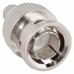 Male BNC connector for RG-59 coaxial cable. Silver finish, 3-piece crimp-on design. Pack of 5. Used for terminating coaxial cable in video and RF applications.