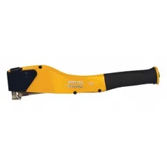 Steel-bodied hammer tacker with straight-feed design. Accepts 1/4 in to 3/8 in staple leg length and 1/2 in staple width. Overall length 14 1/4 in. Used for fastening felt, tar paper, and house wrap in construction and insulation applications.