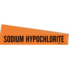 Adhesive pipe marker with orange background and black legend reading 'Sodium Hypochlorite'. Designed for pipes with outer diameter of 8 inches and larger. Suitable for identifying chemical piping in industrial facilities. Pack of 5 markers without arrows.