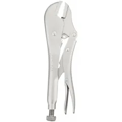 Lever-type locking pliers with plain grip and flat jaws. Jaw length 1 1/4 in, overall length 10 in, max jaw opening 1 7/8 in. Used for clamping and holding flat workpieces in welding, fabrication, and assembly tasks.