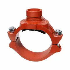 This bolted clamp tee outlet pipe fitting is used to create a branch connection in grooved-end piping systems. It features a ductile iron body with an NBR seal and is rated for a maximum operating pressure of 500 psi. The fitting pipe size is 4 in x 4 in x 2-1/2 in.