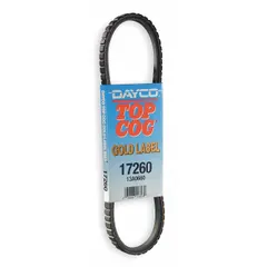 This DAYCO 17A Series cogged V-belt is designed for industrial power transmission applications. It features a 38° angle, 7/16 in thickness, and polyester reinforcing cord material. The cogged profile provides flexibility and reduced heat buildup in drives requiring a standard A belt trade size.