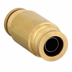 Brass push-to-connect union fitting with 1/2 in OD x 1/2 in OD connection size. Features push-to-connect ends on both sides for tool-free installation. Used in air brake systems and pneumatic circuits to join two tubes of the same diameter.