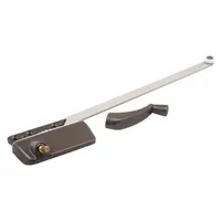 This frame-mounted window operator is designed for left-hand casement windows. It includes a crank handle and features a bronze-coated brown finish with a 3-inch base length. The operator enables manual opening and closing of outward-swinging windows