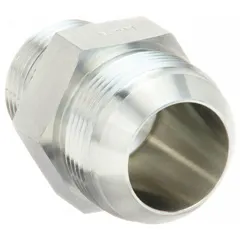 Steel hydraulic hose adapter with male ORB (O-Ring Boss) and male JIC (Joint Industry Council) connections. Rigid straight design for connecting hydraulic system components with different thread standards. Fitting size: 1 in x 1-1/4 in.