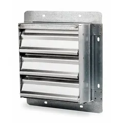 Single panel wall-mount backdraft damper with flat blades. Designed for horizontal airflow in vertical mounting position. Dimensions: 39 in height, 39 in width, 2 1/2 in depth. Maximum air velocity: 2500 fpm. Used to prevent reverse airflow in ventilation systems.