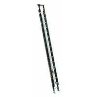 Two-section fiberglass extension ladder with fixed fly, 32 ft length, 300 lb load capacity, and 73 lb weight. Non-conductive material suitable for tasks near electrical hazards. Black finish