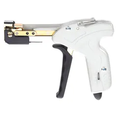 This fixed-tension tool is designed for tensioning and cutting stainless steel cable ties with a 100 lb tensile strength. It features pre-set tension steps and a plain metal construction. Typical applications include cable management and pipe support in industrial, marine, and outdoor environments.