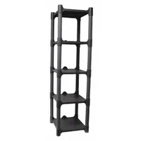 This compact press-fit stationary plastic shelving unit measures 13 in x 15 in with a 48 in overall height and includes 5 shelves. Constructed from corrosion-resistant polypropylene, it is suitable for organizing tools, parts, and supplies in industrial environments where resistance to moisture or chemicals is required