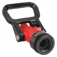 This constant pressure (automatic) nozzle is adjustable for jet and fan patterns. It features a rigid base, bale handle, GHT threading, and twist activation. The aluminum body delivers straight stream or fan spray. Typical applications include firefighting and industrial water delivery where automatic pressure regulation is needed.
