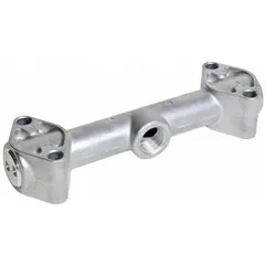 Aluminum manifold assembly with 3/4 inch inlet and outlet ports. Used to distribute or collect fluid flow in industrial piping systems, such as HVAC, compressed air, and process fluid handling applications.