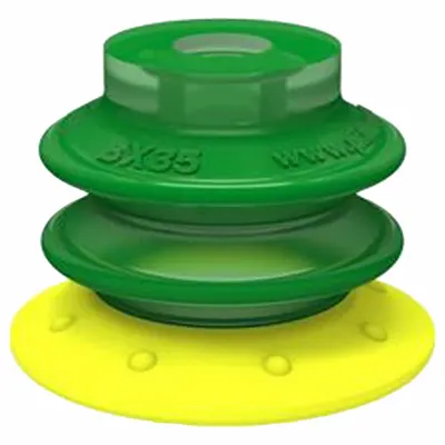 PIAB Vacuum Pad Assembly: G3/8 in, 37.08 mm Pad Dia, Polyurethane, Green, 42.93 mm Pad Ht - Multi-Bellows Type with Filter Packaging Industry Vacuum Pad Assemblies