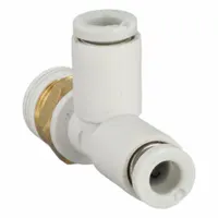 Polybutylene and brass tee fitting for branching pneumatic tubing lines. Connects a 1/8 in pipe thread to two 4 mm OD tubes. Overall length 31 1/2 mm. White type. Push-to-connect installation