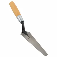 This duck bill trowel features a round, tapered carbon steel blade with a 2-inch width and a wood handle. It is designed for masonry applications, such as shaping and smoothing mortar or refractory materials in confined spaces.