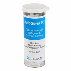 Pack of 50 test strips for detecting peroxide in organic and aqueous solutions. Used for on-site screening to verify absence of peroxide contaminants in process fluids, supporting hazard prevention in industrial environments.