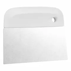 Stainless steel blade dough cutter with polypropylene handle. Blade measures 5 3/4 in wide and 5 3/4 in long; overall height 4 1/2 in. Used for portioning, scraping, and cutting dough in food preparation.