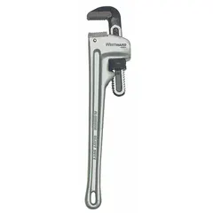 Straight pipe wrench with serrated jaws for gripping and turning pipes and fittings. I-Beam aluminum construction provides strength with reduced weight. Overall length 24 inches, jaw capacity 3 inches.