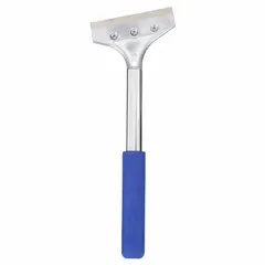 This razor scraper features a stiff aluminum blade and a metal/rubber handle with a rubberized grip. It is suitable for scraping applications such as removing tile adhesive, grout, or other building materials. Available in bent and straight configurations with a standard end.