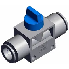 Manual air control valve with knob actuator for starting, stopping, or redirecting compressed air flow in pneumatic systems. Features 3 ports and a 12 mm side-ported body with blue actuator. Suitable for panel-mount or inline control in industrial automation and assembly lines.