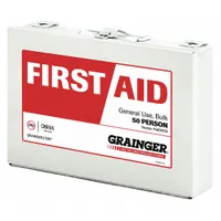 Wall-mountable metal first aid kit housing 187 components for general-purpose use, serving up to 50 people. Includes combine dressing, patch bandages, antimicrobial wipes, and non-aspirin pain relievers. Complies with OSHA 29 CFR 1910.151(b). Suitable for workplace or facility first aid needs