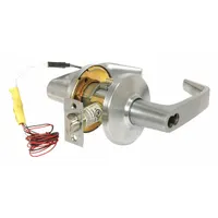 This electric lever lockset is designed for storeroom applications requiring access control. It features a satin chromium-plated zinc alloy finish with an angled lever style and is ADA compliant. The lockset operates via electrical signal for secure locking and unlocking, suitable for commercial facilities