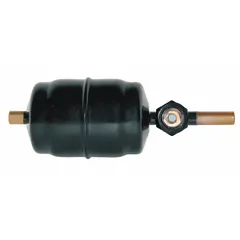 Steel shell filter drier for 5.2 ton systems. Uses molecular sieve desiccant. Compatible with HFC refrigerant groups. Length: 8.3 inches. Installed in liquid lines to remove moisture, acids, and contaminants.