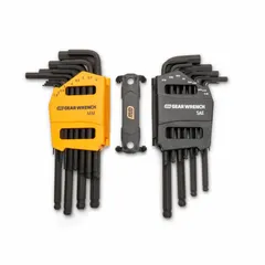 This 26-piece L-shaped hex key set includes both Metric and SAE sizes. The long-arm keys provide extended reach for accessing recessed fasteners. The set is organized in a caddy for convenient storage and transport.