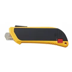 This spring-loaded blade guard utility knife features a textured plastic handle in black and yellow with a 2 in overall width. The blade guard automatically retracts when not in use, enhancing safety during cutting tasks. Suitable for cutting cardboard, plastic strapping, and packaging materials in industrial environments.