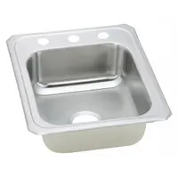 This ELKAY one-bowl sink is designed for counter-mounted installation in kitchen or bar areas. It features a 14-inch bowl length and 6 3/4-inch depth, suitable for food preparation and dishwashing. The sink has an overall width of 17 inches and is finished in silver/gray. Sold without a faucet