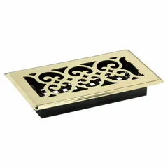 This floor register covers HVAC floor openings and directs airflow in one direction. It features a bright brass steel grille and measures 9 1/2 inches high by 5 1/2 inches wide. The grille is non-adjustable and suited for residential or light commercial spaces.